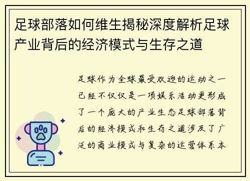 足球部落如何维生揭秘深度解析足球产业背后的经济模式与生存之道 足球部落如何维生揭秘深度解析足球产业背后的经济模式与生存之道